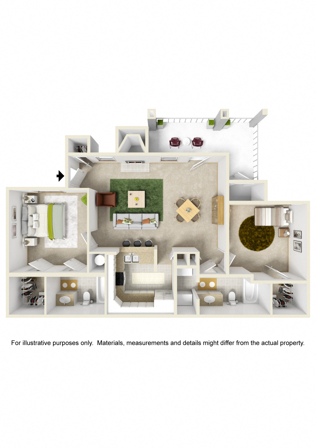 Floor plan for 2 beds, 2 baths, 978 sqft